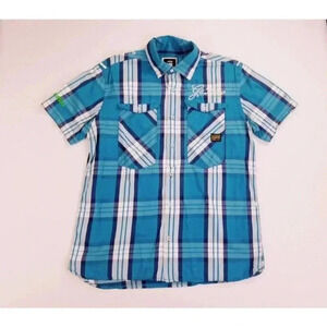 G Star Raw Large Blue White Plaid Pocket Logo Tag Short Sleeve Cotton Shirt